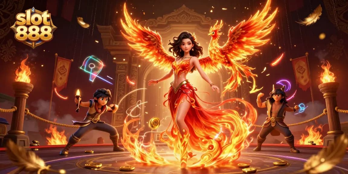 Experience thrilling gameplay with slot 888, alongside an enchanting woman and a fire phoenix in a dazzling casino atmosphere.