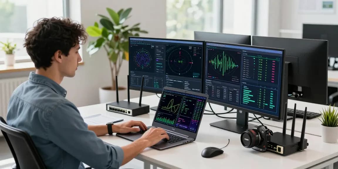 快连 ensuring high-speed network acceleration in a modern workspace with performance metrics and technology devices.