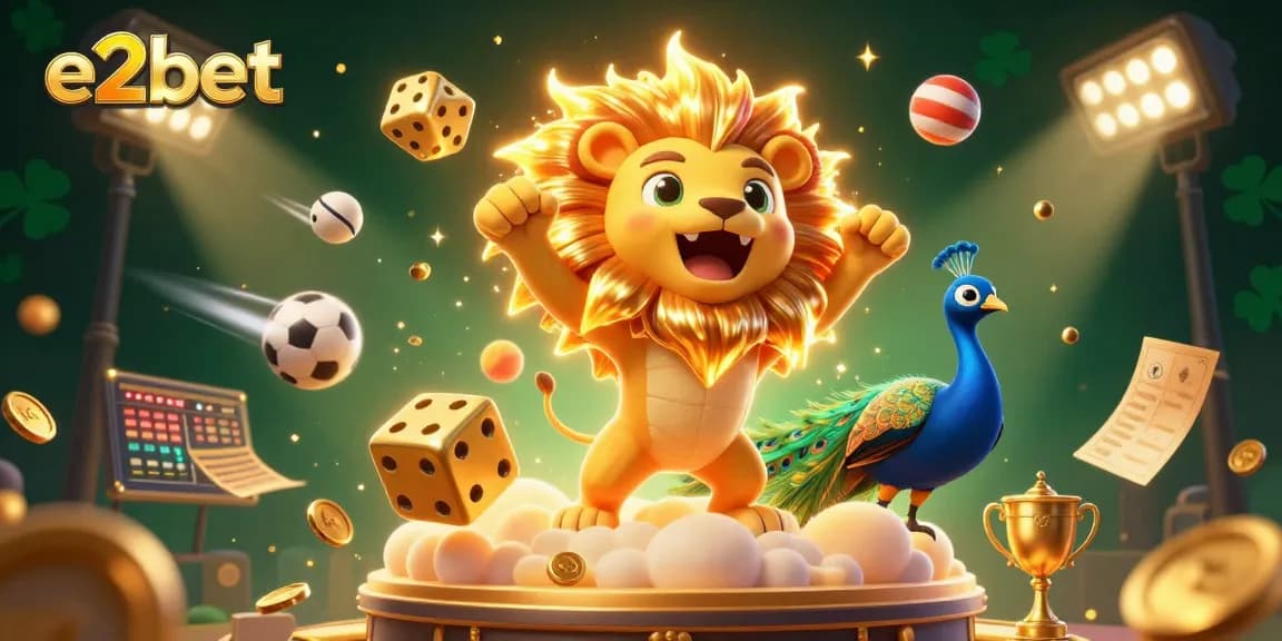 Join the excitement at e2bet with a dynamic 3D illustration capturing casino games, golden dice, and sports betting elements.