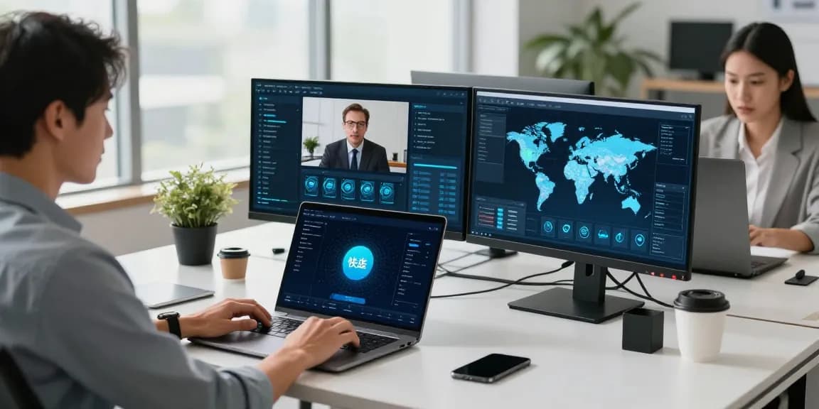 快连 user optimizing network performance in a bright tech office during a video call.