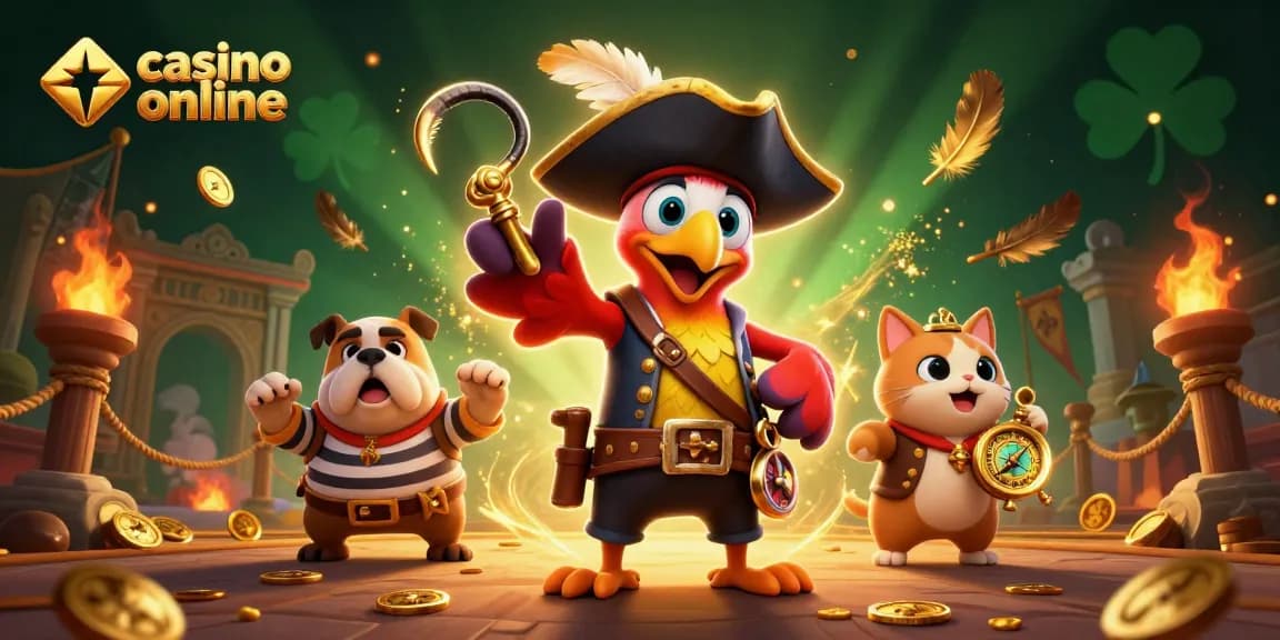Découvrez le casino en ligne avec ce design captivant, mettant en scène un pirate et un chien sur un fond atmosphérique.