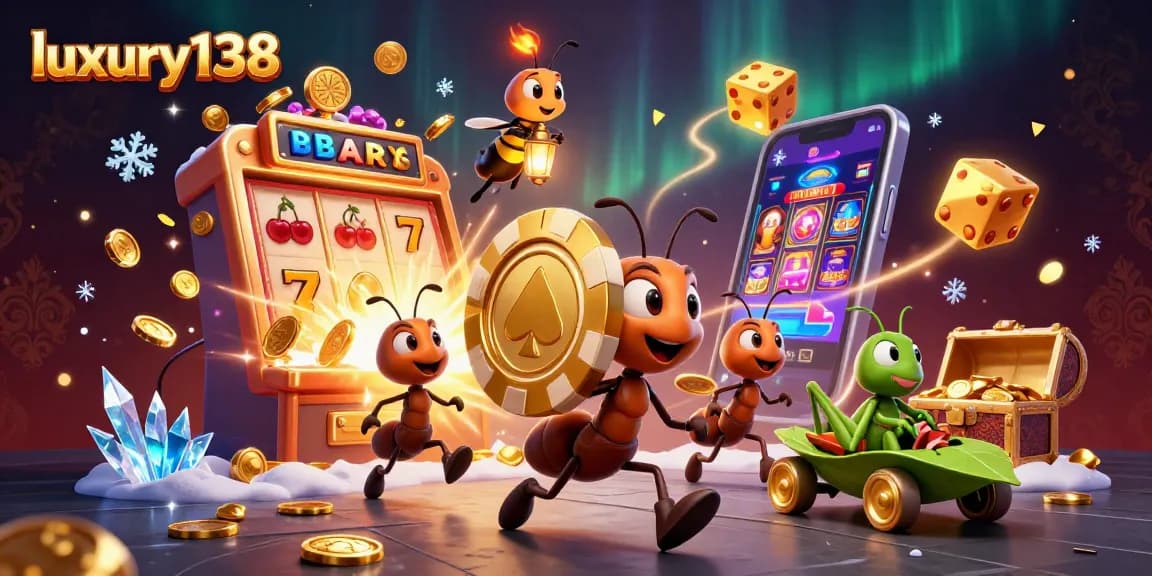 Ants heist scene highlights luxury138 with golden poker chip amid explosive casino elements.