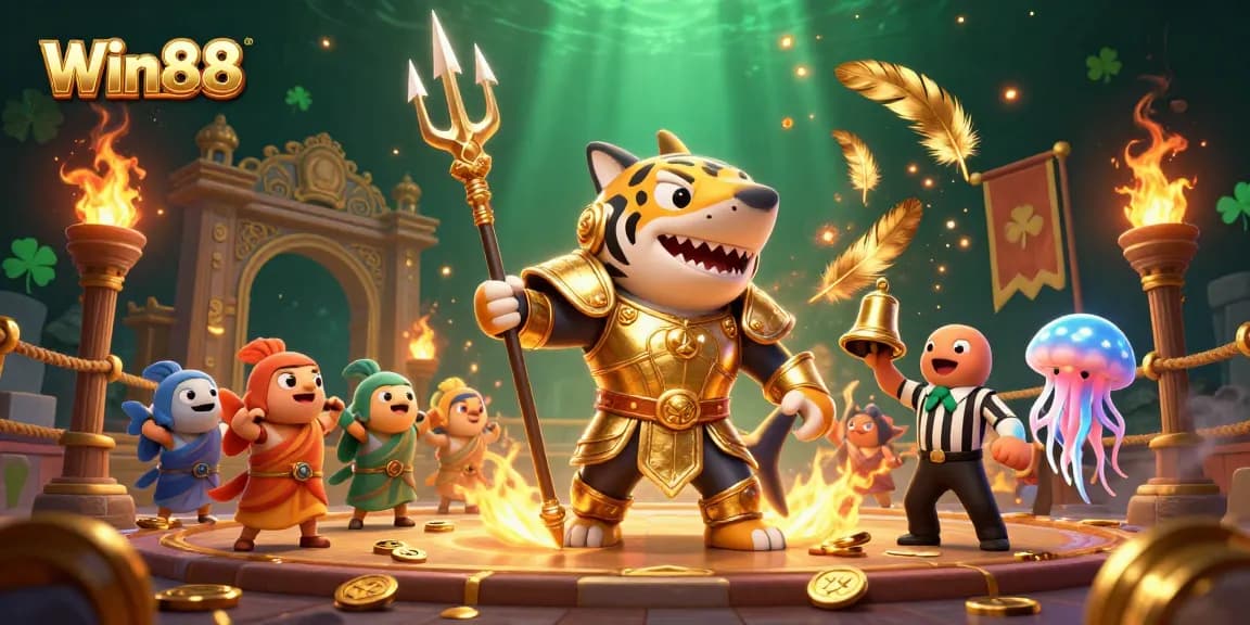 Engage in the Win88 casino experience with a vibrant underwater colosseum featuring a fierce tiger shark and playful fish.
