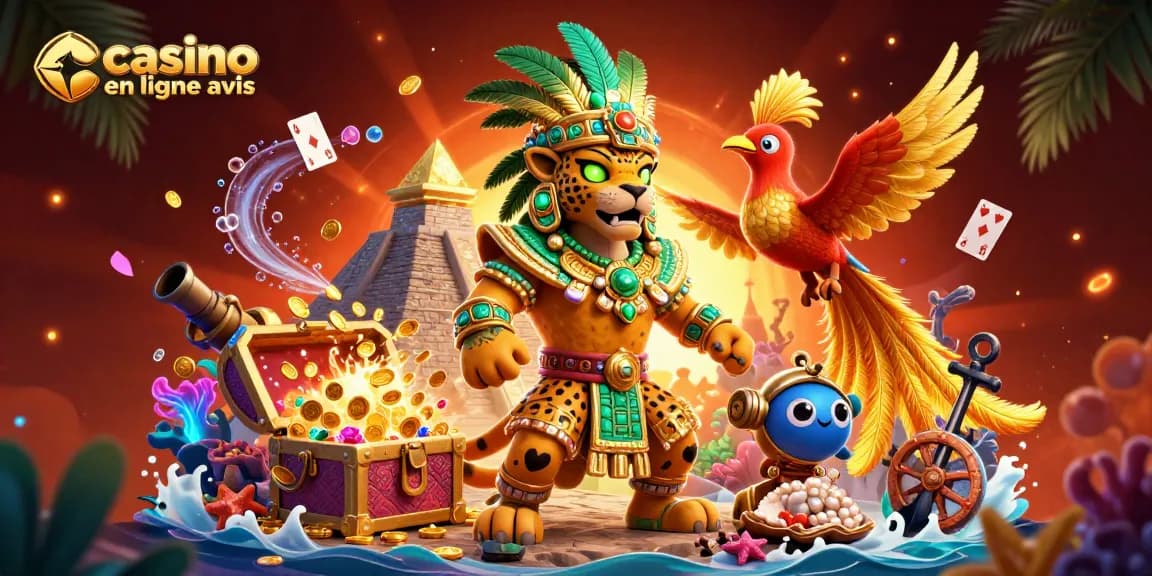 Illustration captivante de jeu, montrant les personnages emblématiques avec casino en ligne avis en haut à gauche.