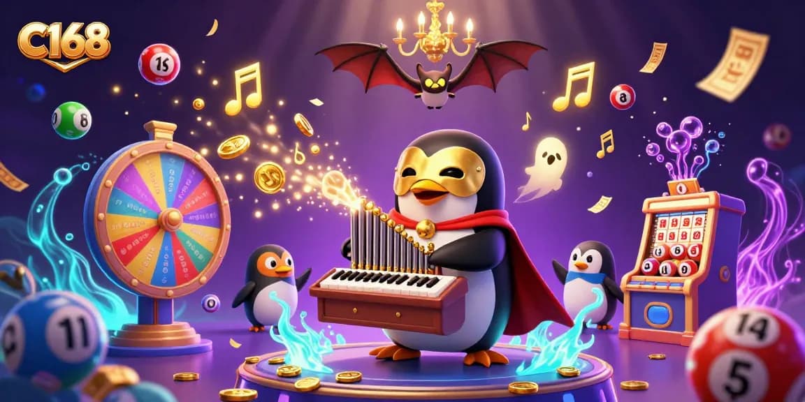 C168 platform showcases a vibrant gaming world with festive lottery elements and engaging characters.