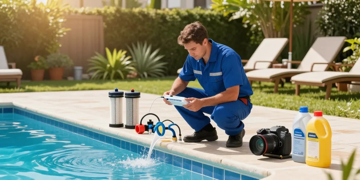 Expert inspecting oprema za bazene at a sunny poolside.
