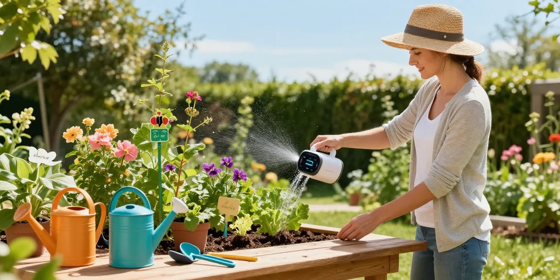 Effortlessly using a RainPoint WiFi water timer in a vibrant home garden.
