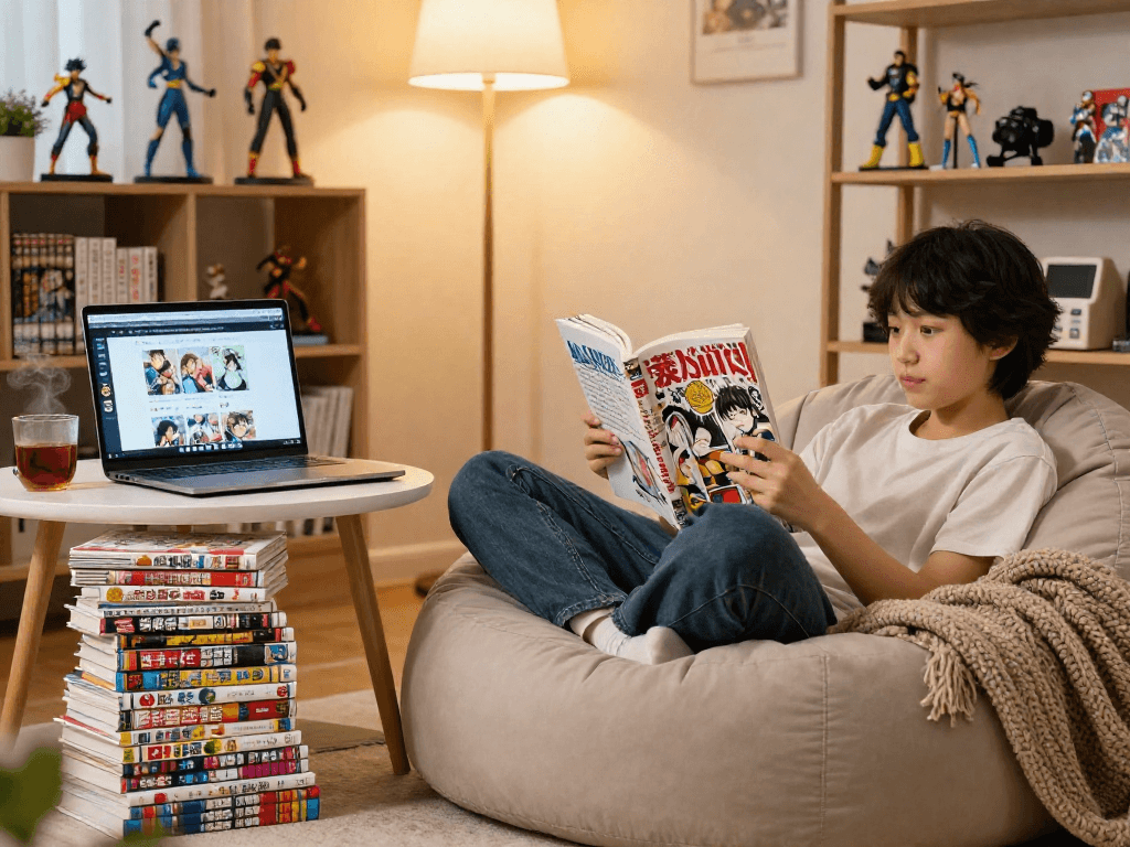 Engaging manga reading scene featuring https://hitomi-mangaraw01.com/ with colorful volumes and cozy atmosphere.