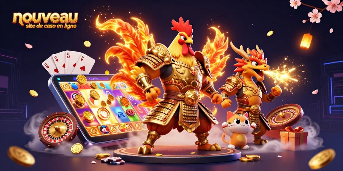 Explorez le nouveau site de casino en ligne avec un guerrier et un dragon dans une scène dynamique de jeux.