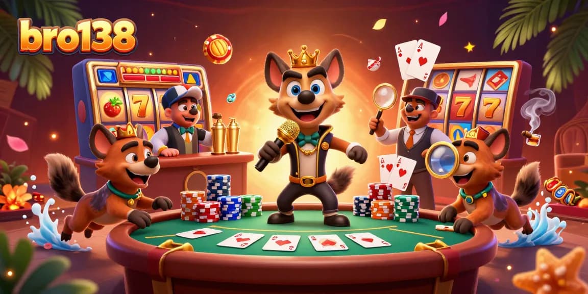 Engage with bro138's vibrant casino scene featuring hyena characters, dynamic slot reels, and poker elements.
