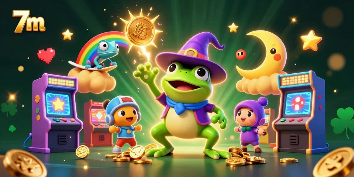 Engage with 7m casino excitement as a wizard frog conjures golden coins amidst vibrant gaming elements.