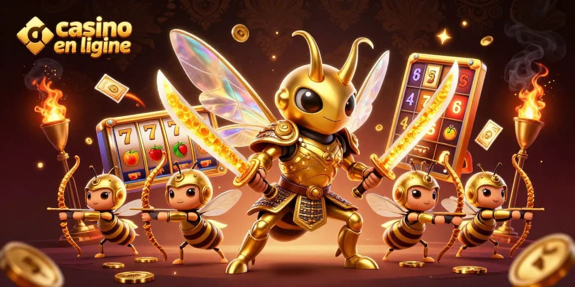 Profitez des jeux au casino en ligne avec un effet visuel captivant représentant un hornet samouraï et des archers.