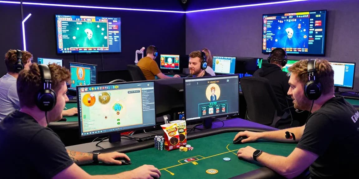 Agen Poker Online players immersed in a high-stakes tournament, showcasing vibrant game graphics and competitive atmosphere.