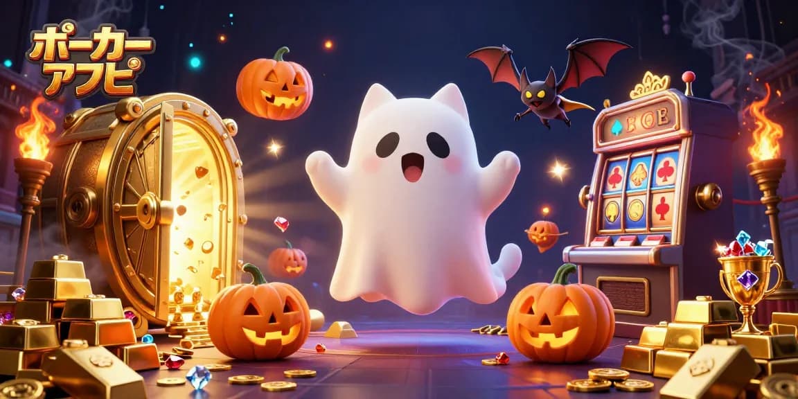 ポーカー アプリを利用して、浮遊する猫とコウモリがハロウィンのカジノでゲームを楽しむシーン