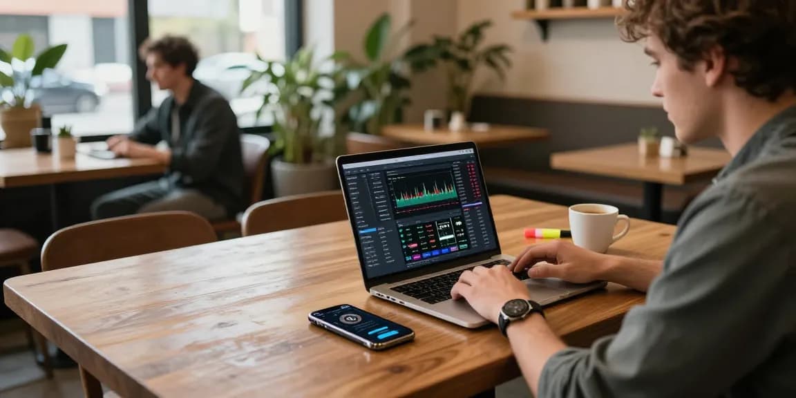Funexchange cryptocurrency trading scene in coffee shop with charts, digital wallet, and warm atmosphere.