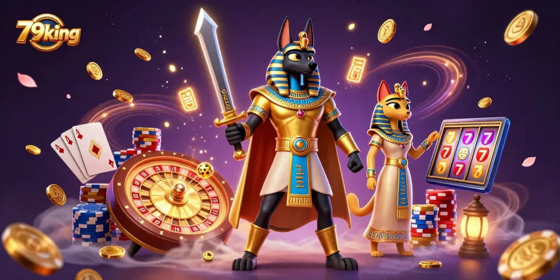 Experience the thrill of 79king with Anubis and Bastet amidst gold coins and vibrant casino elements.