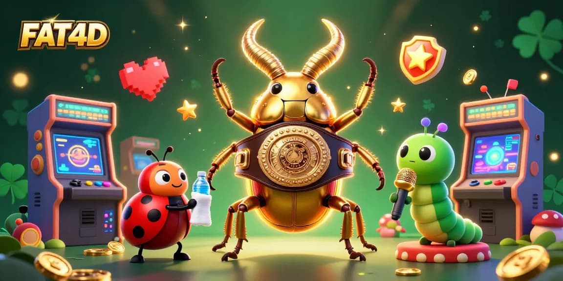 Engage with FAT4D's colorful 3D gaming scene featuring a golden beetle champion, ladybug helper, and vibrant casino elements.