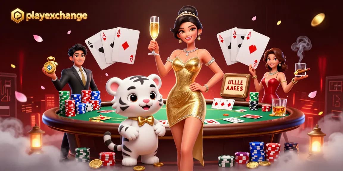 Win big at playexchange with a glamorous lady and lucky tiger in a vibrant casino scene.