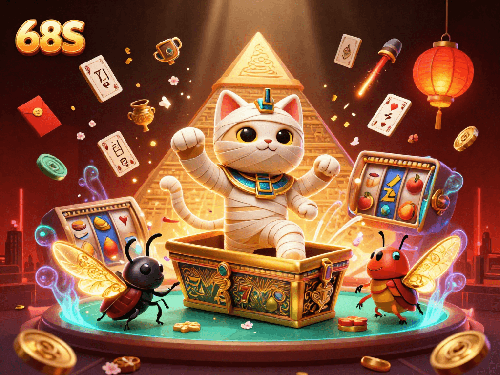 Ilustração 3D vibrante do gato múmia egípcio 68S saindo de um sarcófago em um cassino piramidal.
