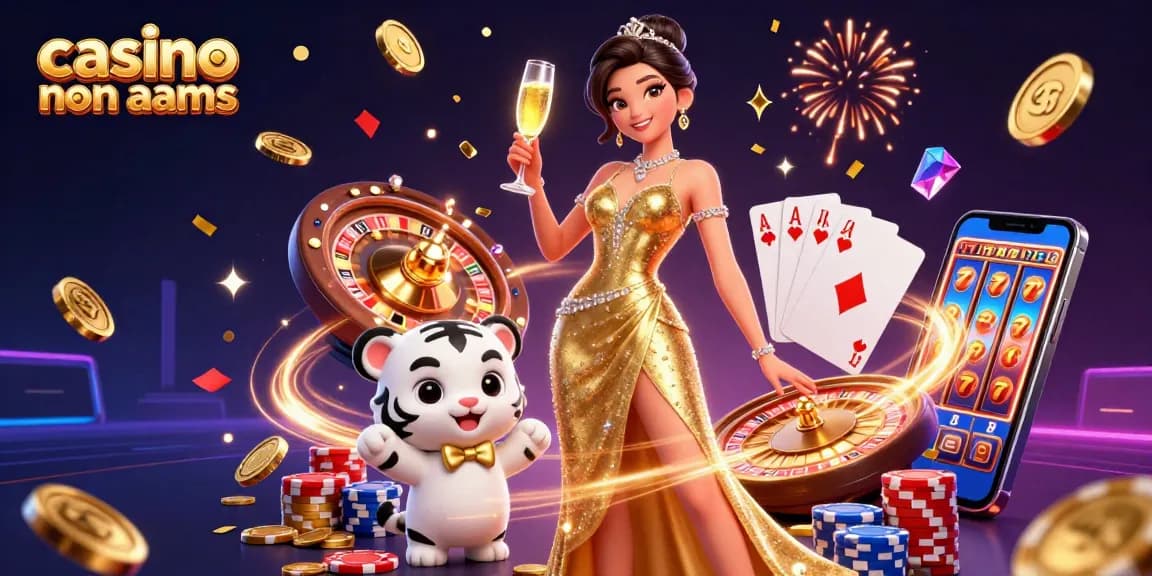 Vivi l'emozione con i casinò non AAMS che presentano una donna elegante e una tigre bianca fortunata in una vivace scena 3D.
