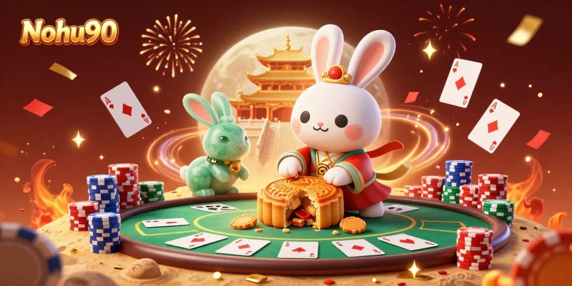 Nohu90 celebrates gambling excitement with a moon rabbit illustration featuring poker chips and colorful casino elements.