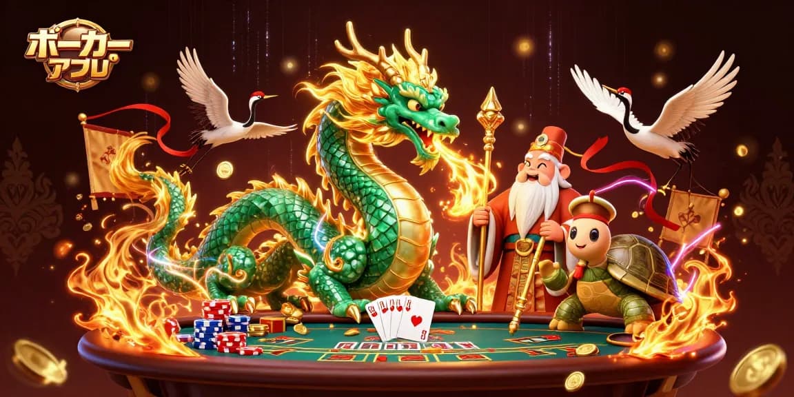 ポーカーアプリでプレイしながら勝利の火を吹くドラゴンと賢い亀、幸運の鶴が共演する魅力的なシーン