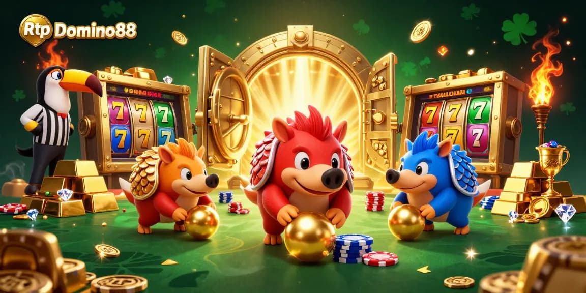 Engage in thrilling gameplay with Rtp Domino88 as rival pangolins bowl through poker chips in a dynamic casino scene.