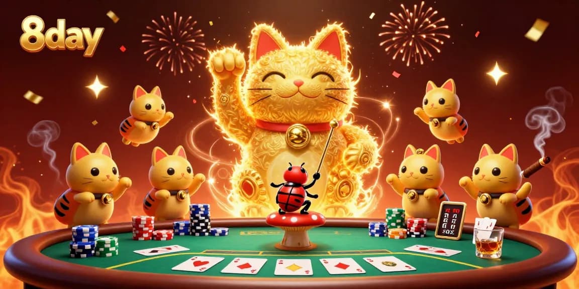 Experience fortune and excitement with 8day's golden lucky cat surrounded by vibrant casino elements.