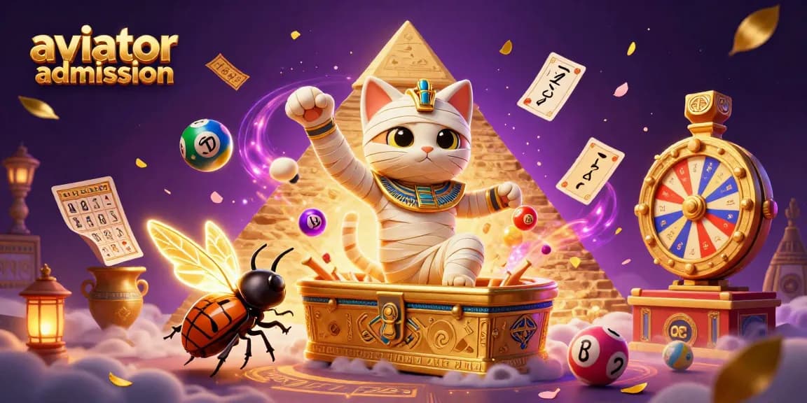 Aviator admission game scene featuring a mummy cat and scarab beetle in a vibrant casino setting.