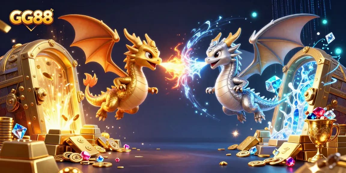 Experience the thrill of GG88 as gold and silver dragons battle with fire and ice, surrounded by treasure.