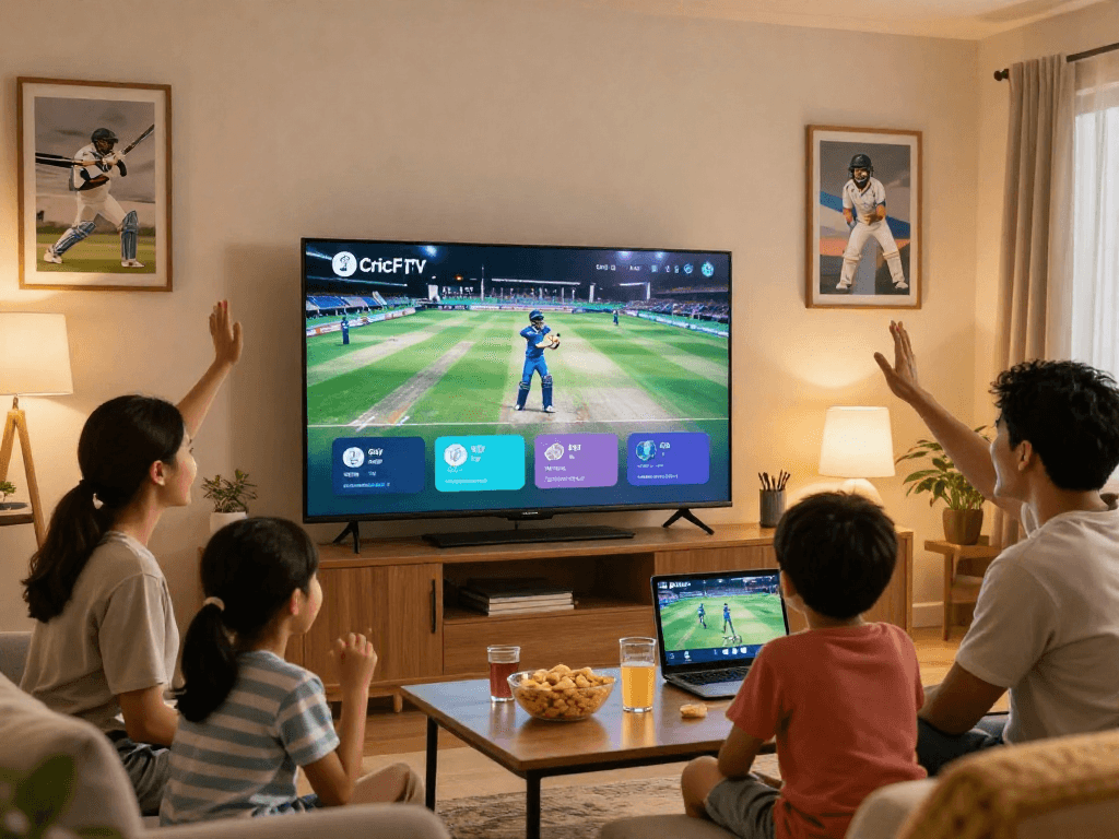 CricFy TV app displayed on smart TV, family enjoying cricket match together in cozy living room.