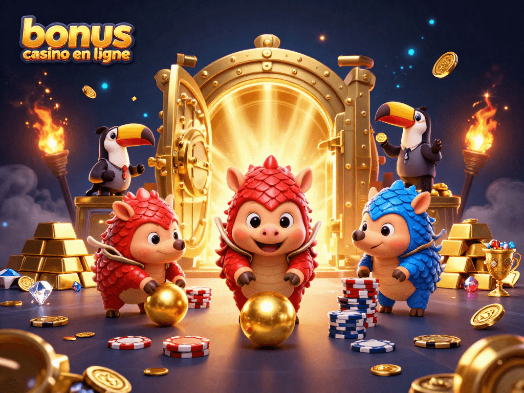 Les pangolins rivaux s'affrontent dans un jeu de bonus casino en ligne, entourés de trésors.