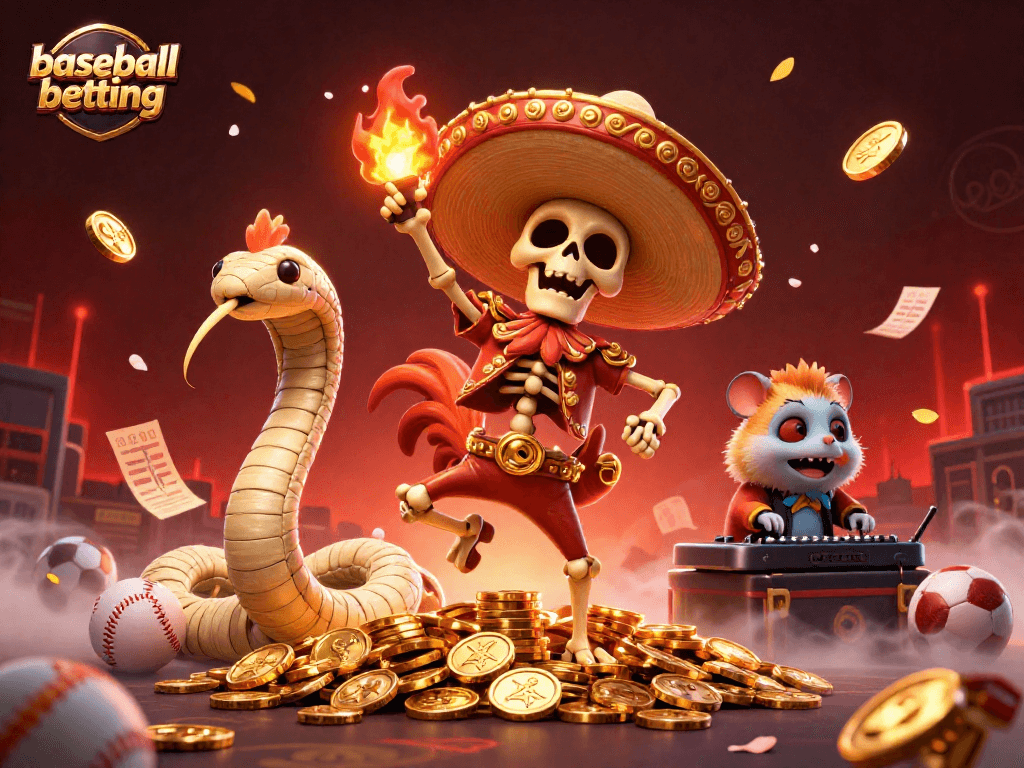 Engage in baseball betting with exciting visuals of jubilant characters surrounded by sports elements.