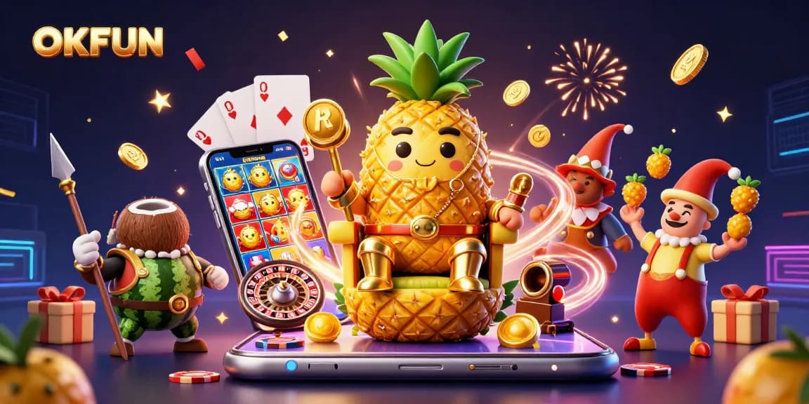 Engage in exciting slot games with OKFUN's vibrant 3D casino illustration featuring lively characters and festive elements.