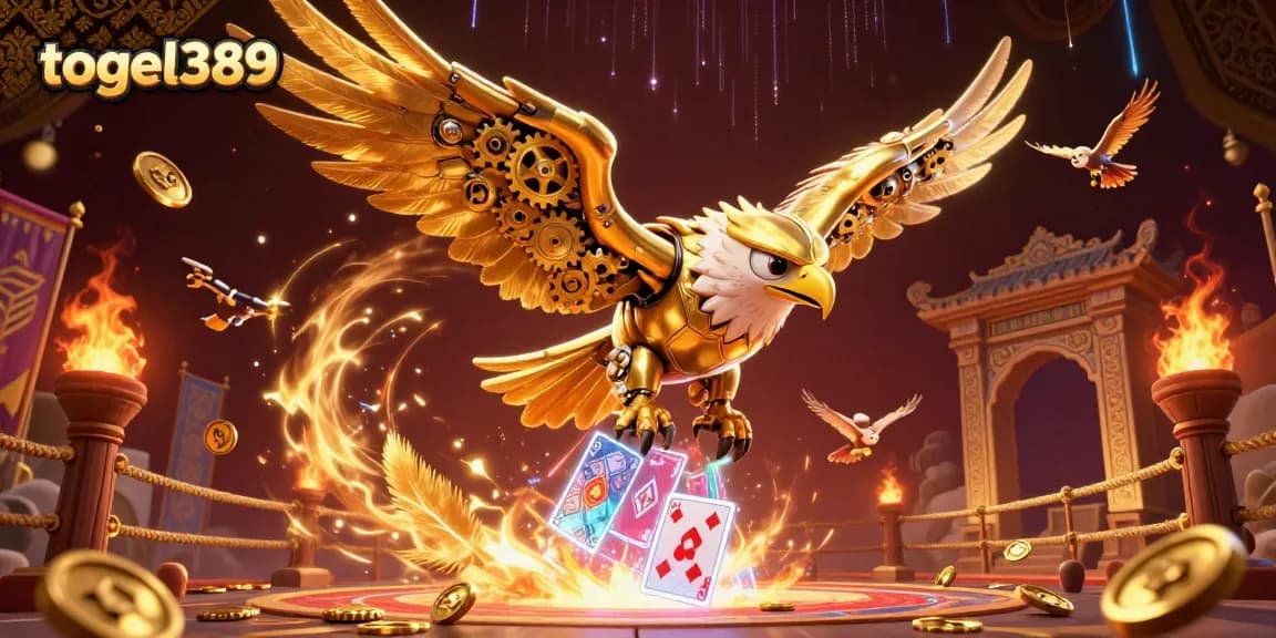Experience the energy of togel389 with a vibrant 3D illustration of a golden eagle amidst holographic cards.