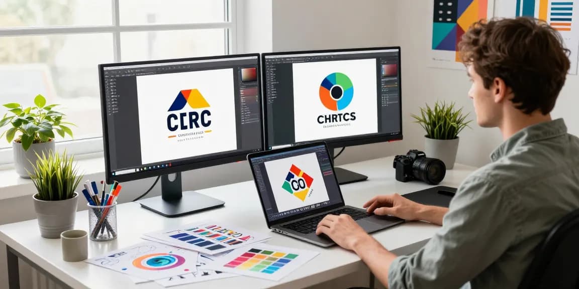 W przestrzeni grafika freelancera, twórca projektuje logo przy biurku z monitorami i szkicami, w otoczeniu kreatywnych akcesoriów.