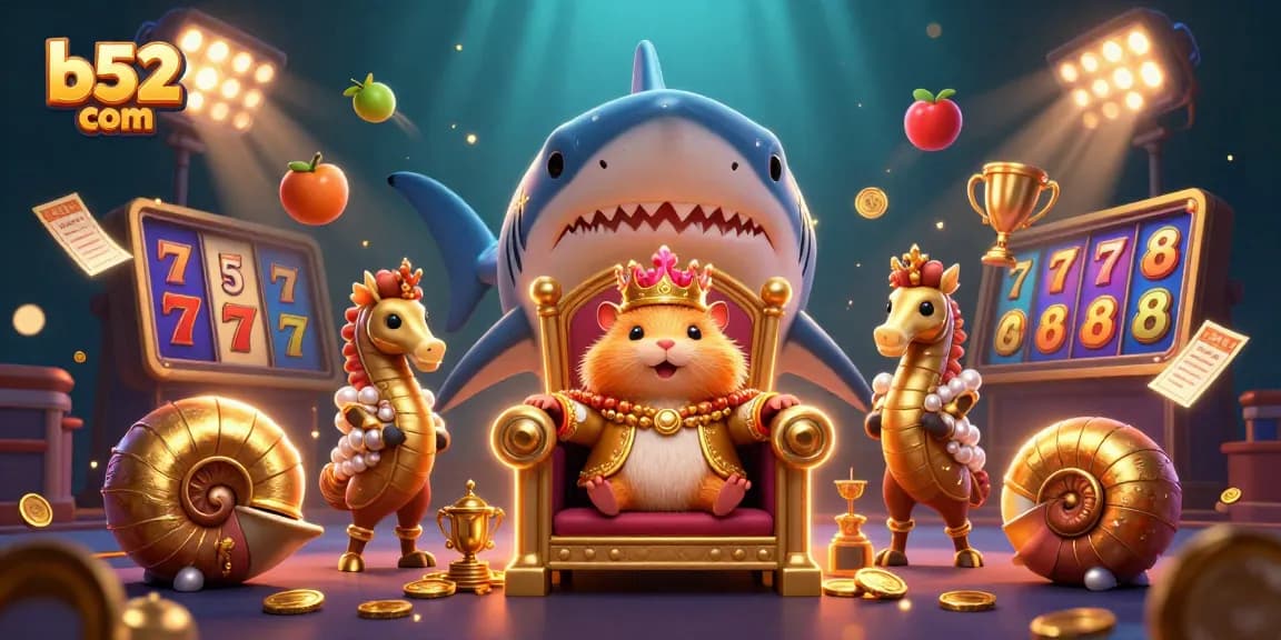 Win big with b52 com in this vibrant 3D casino scene featuring thrilling slot games and playful characters.