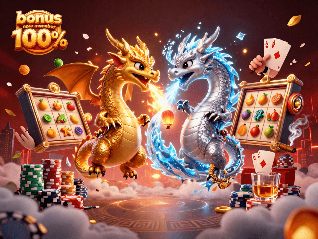 Engage with bonus new member 100% in an exciting 3D casino scene filled with slot action.