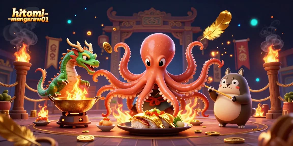 Engage with hitomi-mangaraw01 in a thrilling 3D casino battle featuring a dynamic octopus chef and dragon.