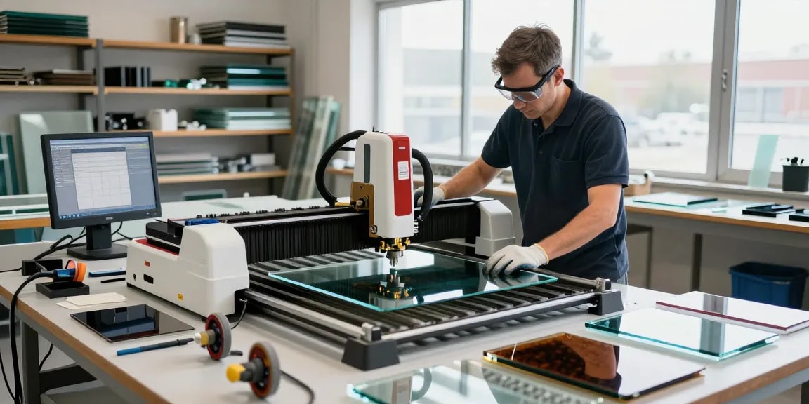 Technician using a glass cutting machine in a well-lit workshop with various glass types.