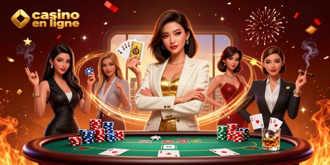 Vivez l'excitation au casino en ligne avec une femme élégante montrant le poker à enjeux élevés.