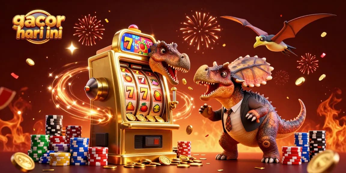 Experience slot gacor hari ini with a pachycephalosaurus celebrating jackpot wins among flying coins!