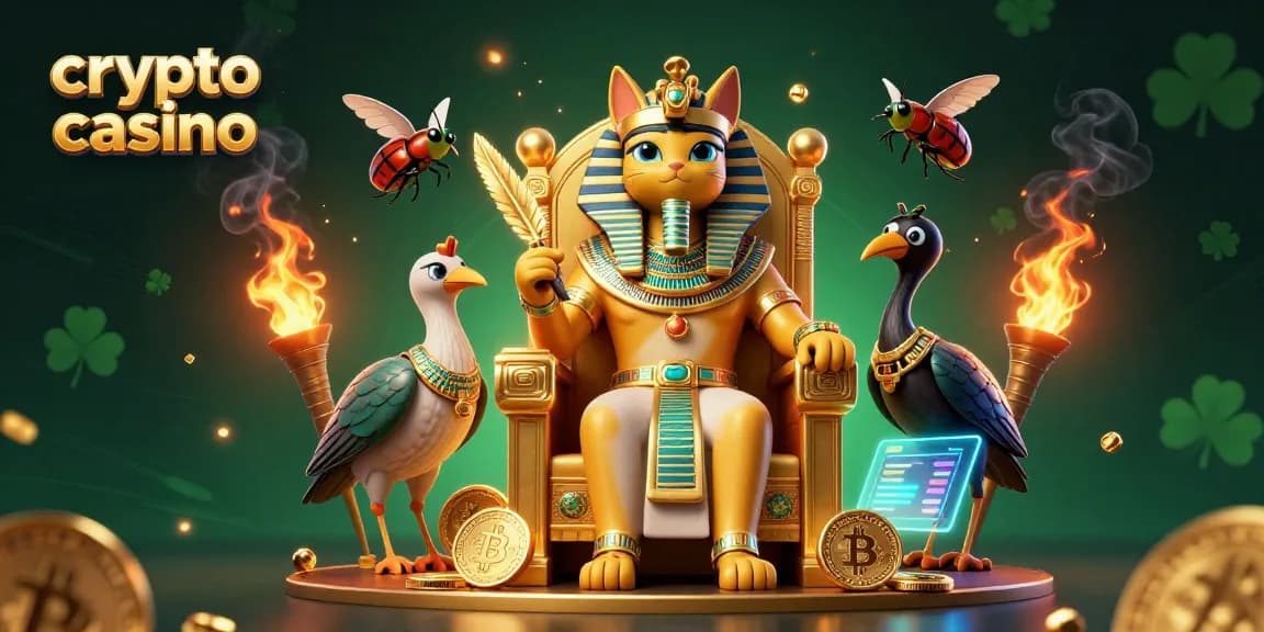 Jouez au crypto casino avec des illustrations dynamiques de personnages et de pièces de monnaie.