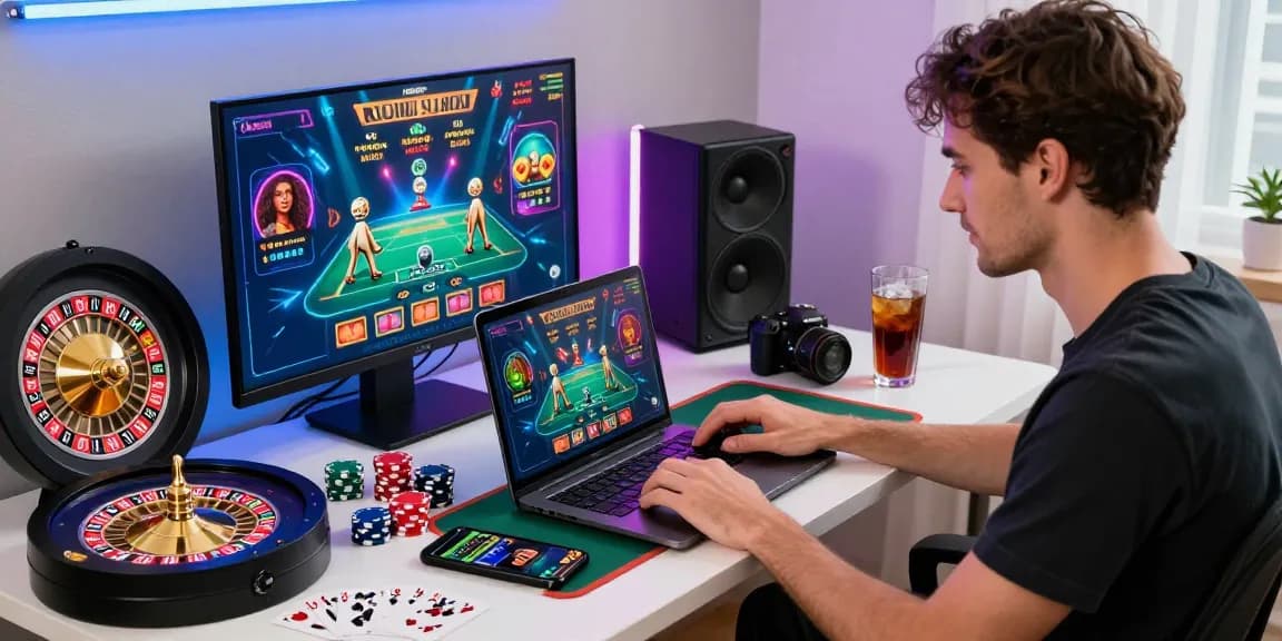 Excited player engaging with casinò non aams games in a vibrant home setup.