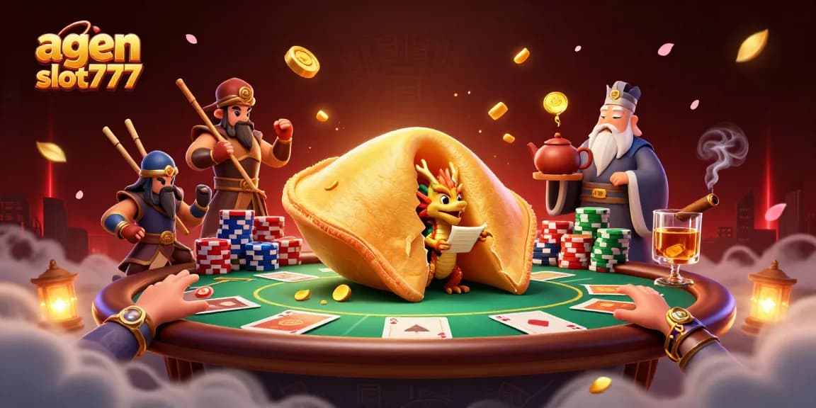 Win big with agen slot777, showcasing vibrant casino action with a magical golden fortune cookie and poker elements.