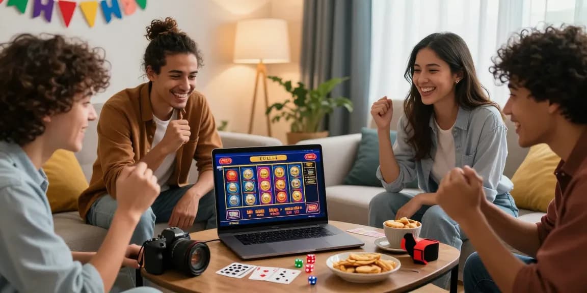 Des amis profitant d'une expérience de casino en ligne avec un ordinateur portable, célébrant un gain au jackpot.