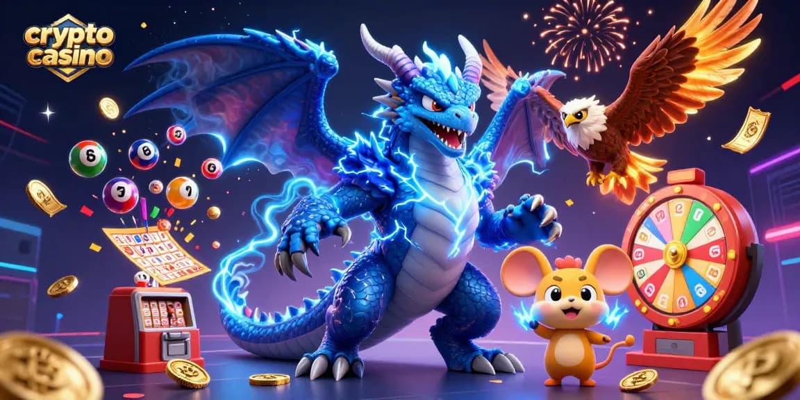 Découvrez un casino crypto avec un dragon et un faucon animés dans une illustration 3D captivante.
