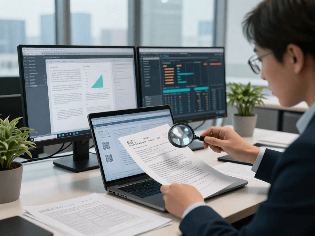 Compliance officer performing document fraud detection analysis in a professional office setting