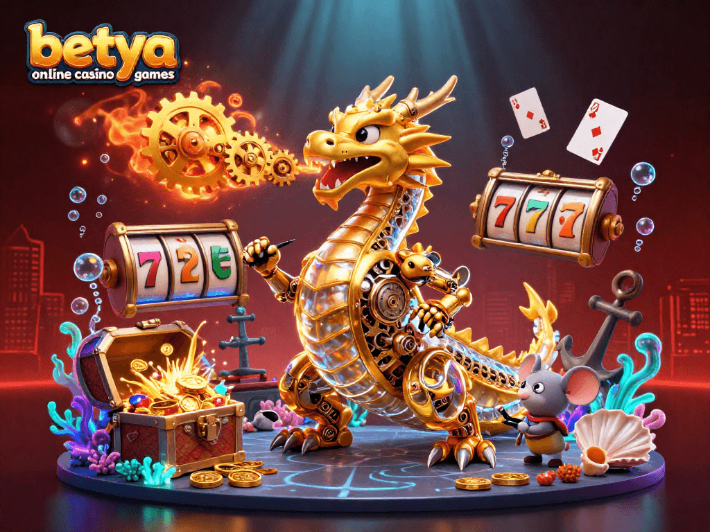 Engage in thrilling betya online casino games with a vibrant scene of a golden dragon and dynamic game elements.
