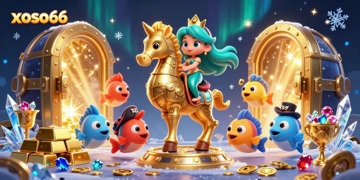 Experience thrilling xoso66 online lottery adventures with colorful characters amidst treasures and vibrant effects.